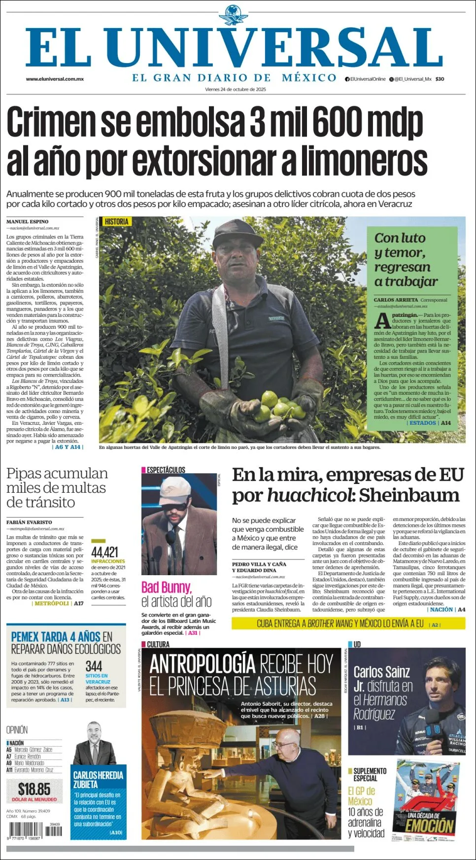 Portada de El Universal del viernes, 24 de octubre de 2025
