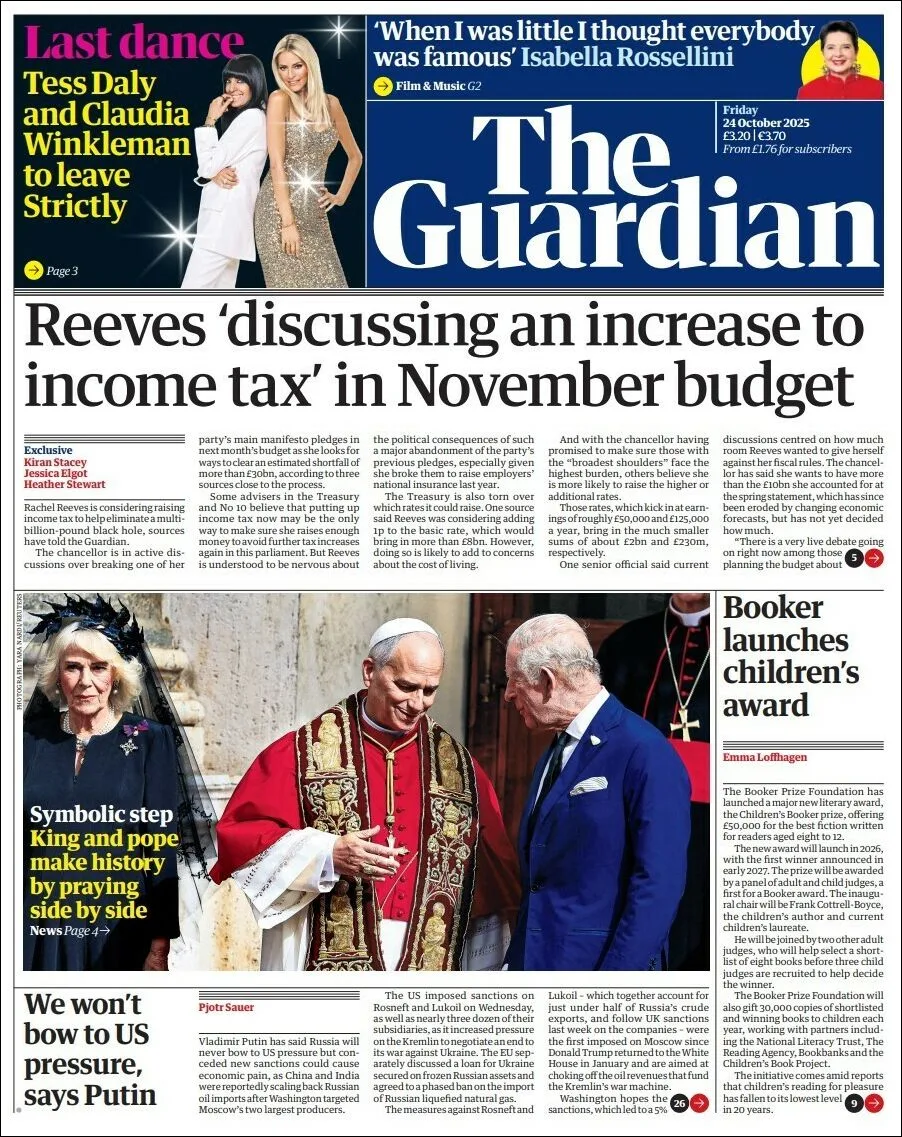 Portada de The Guardian (reino Unido) del viernes, 24 de octubre de 2025
