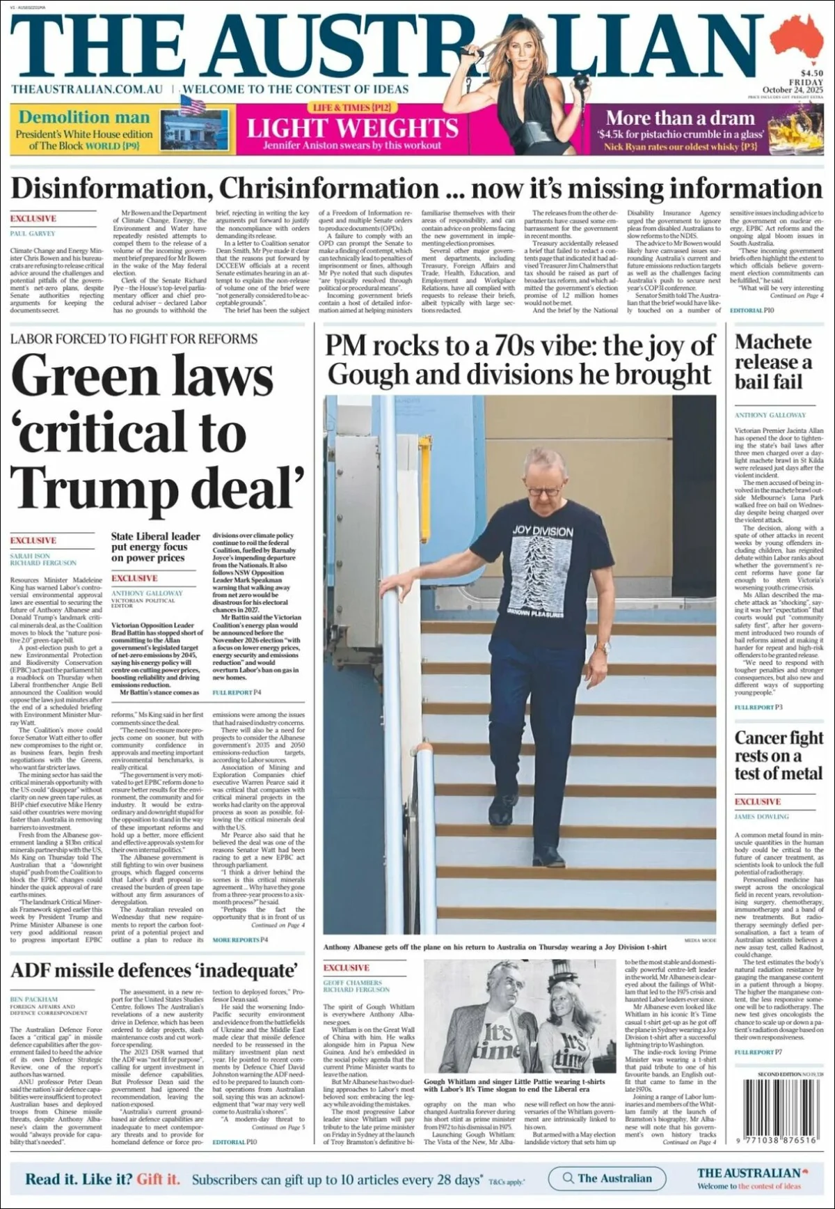 Portada de The Australian del viernes, 24 de octubre de 2025