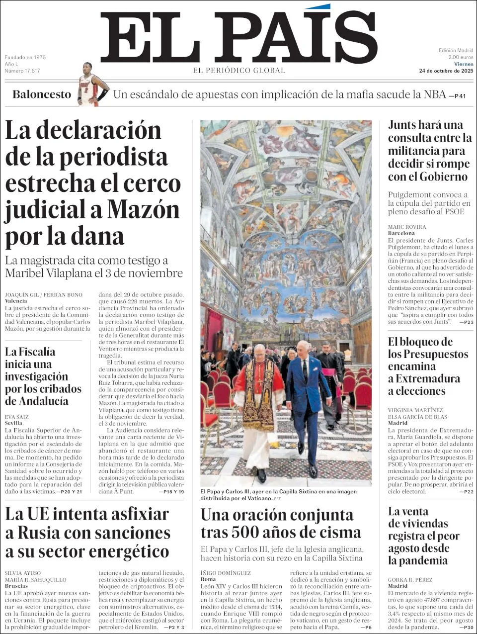 Portada de El Pais del viernes, 24 de octubre de 2025