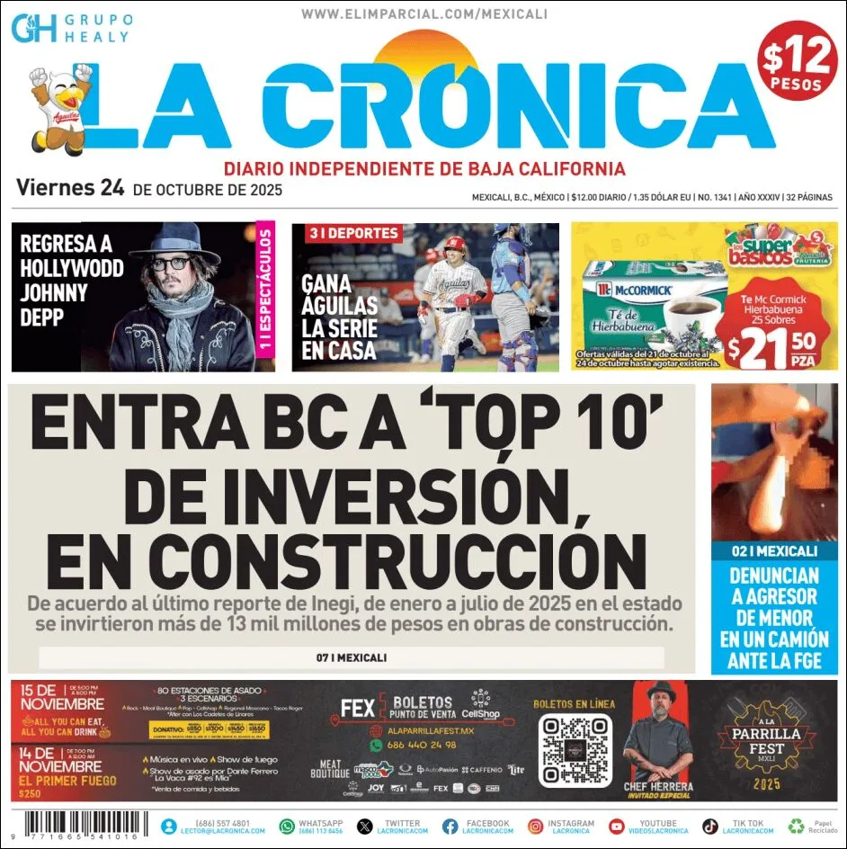 Portada de La Cronica del viernes, 24 de octubre de 2025