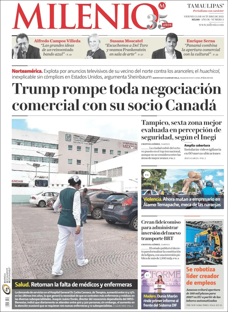 Portada de Milenio Tamaulipas del viernes, 24 de octubre de 2025