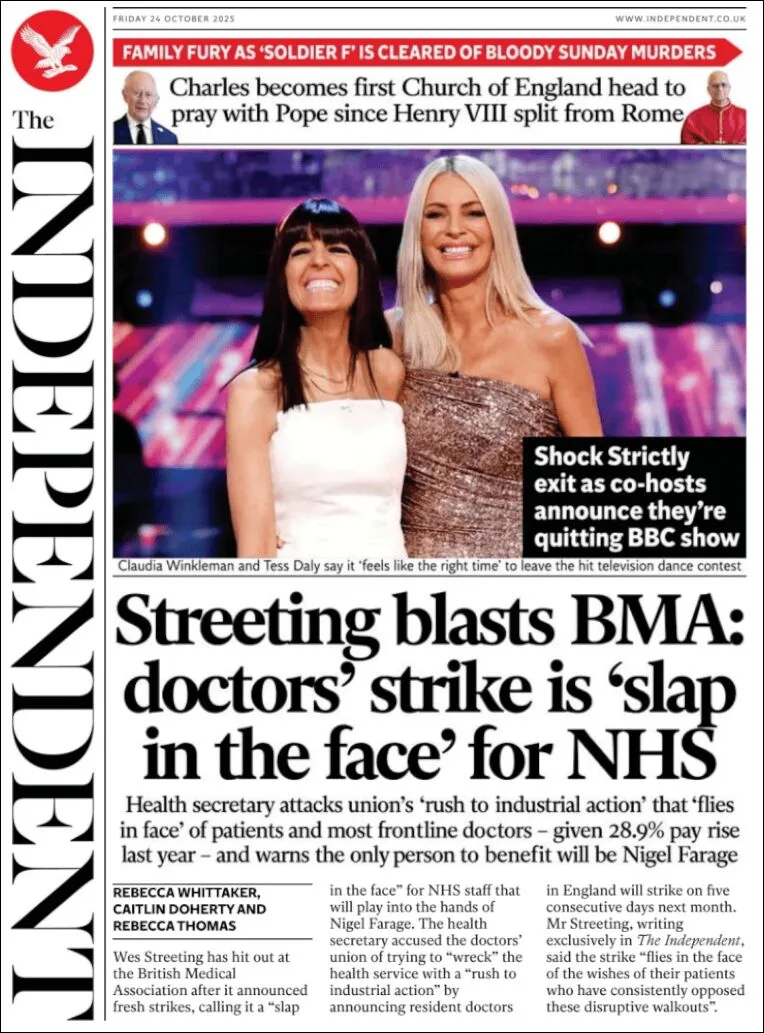 Portada de The Independent del viernes, 24 de octubre de 2025