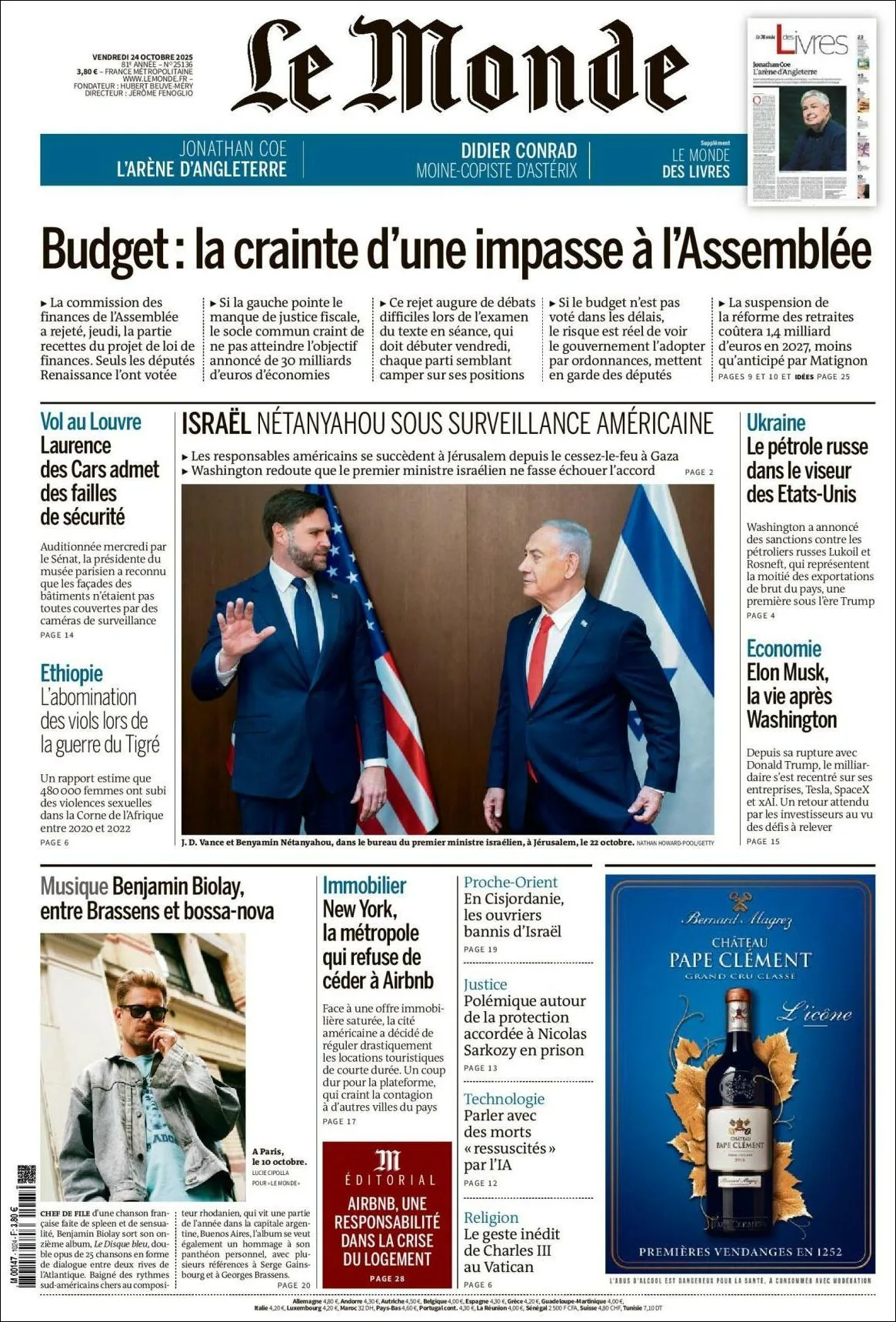 Portada de Le Monde del viernes, 24 de octubre de 2025