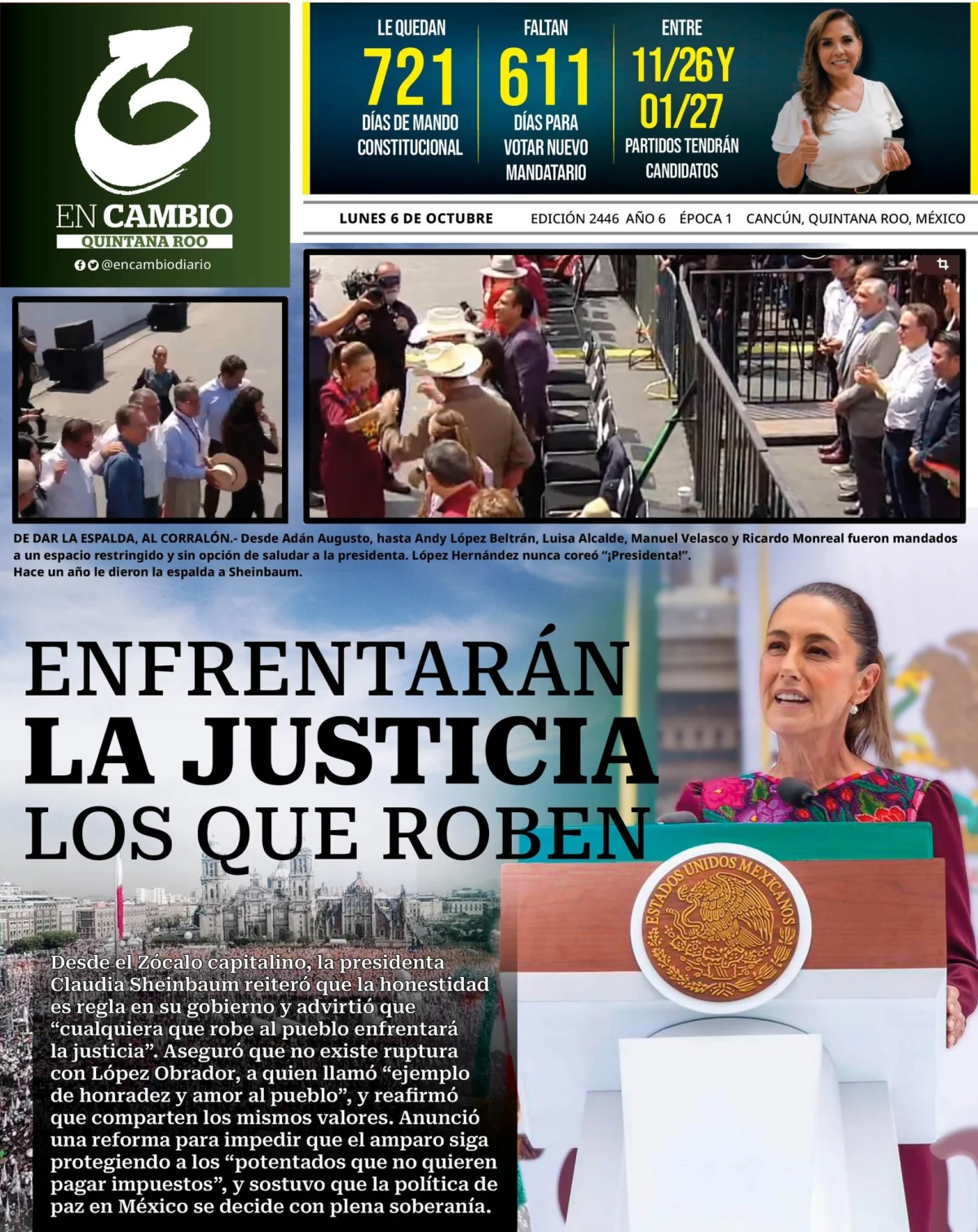 Portada de En Cambio - Quintana Roo (portada) del lunes, 6 de octubre de 2025