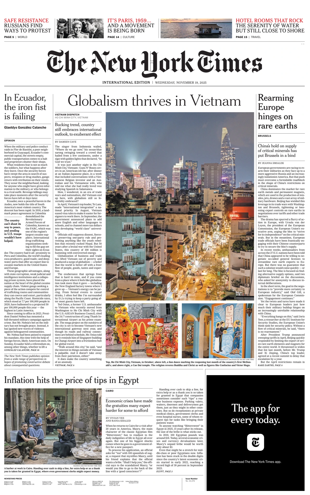 Portada de The New York Times (international) del miércoles, 19 de noviembre de 2025