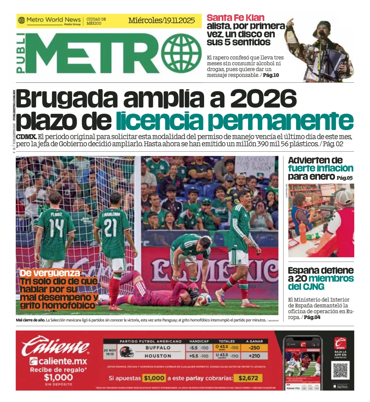 Portada de Publimetro Nacional del 2025-11-19