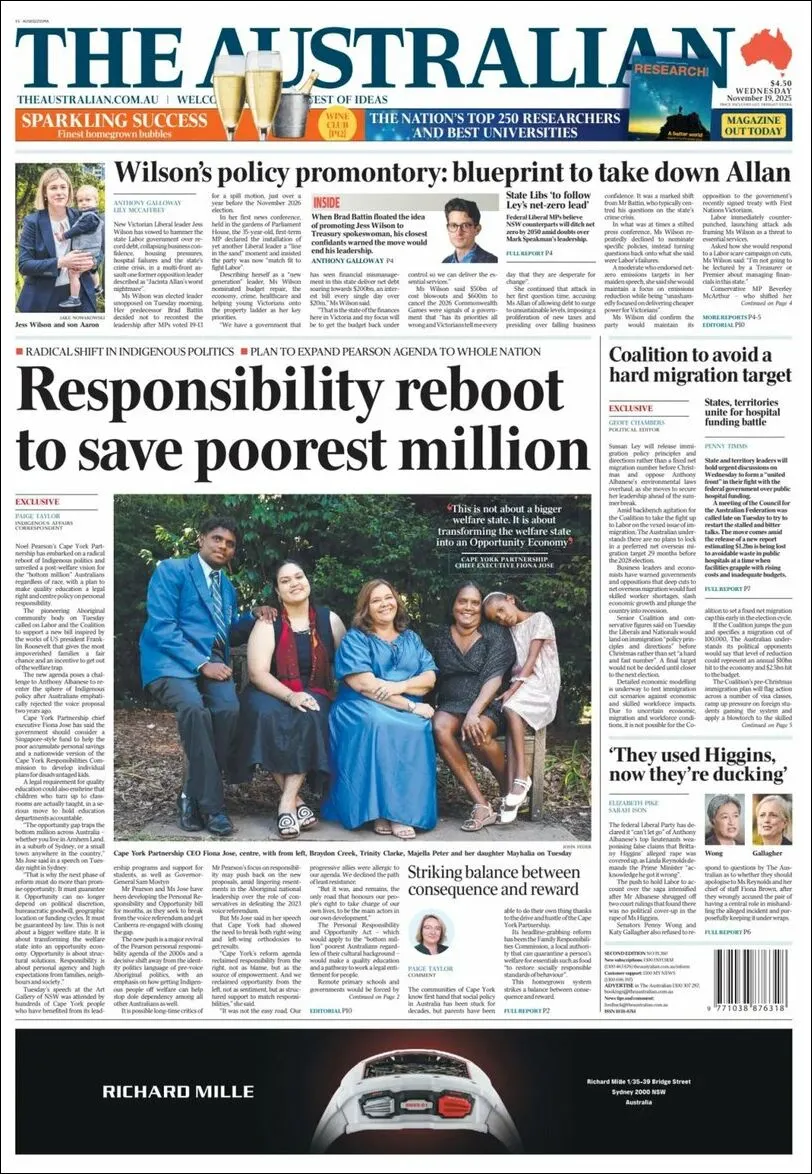 Portada de The Australian del miércoles, 19 de noviembre de 2025