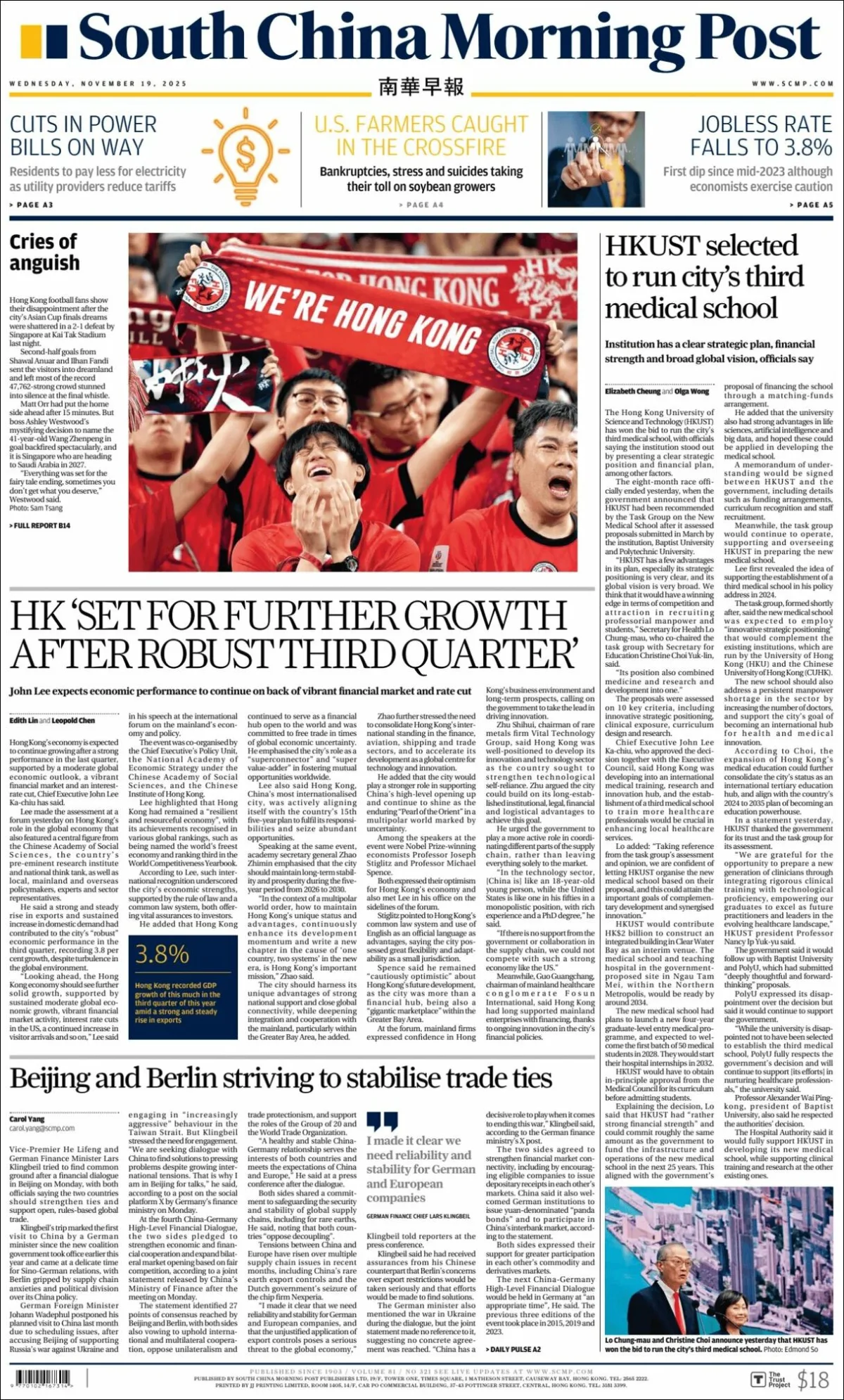 Portada de South China Morning Post del 2025-11-19