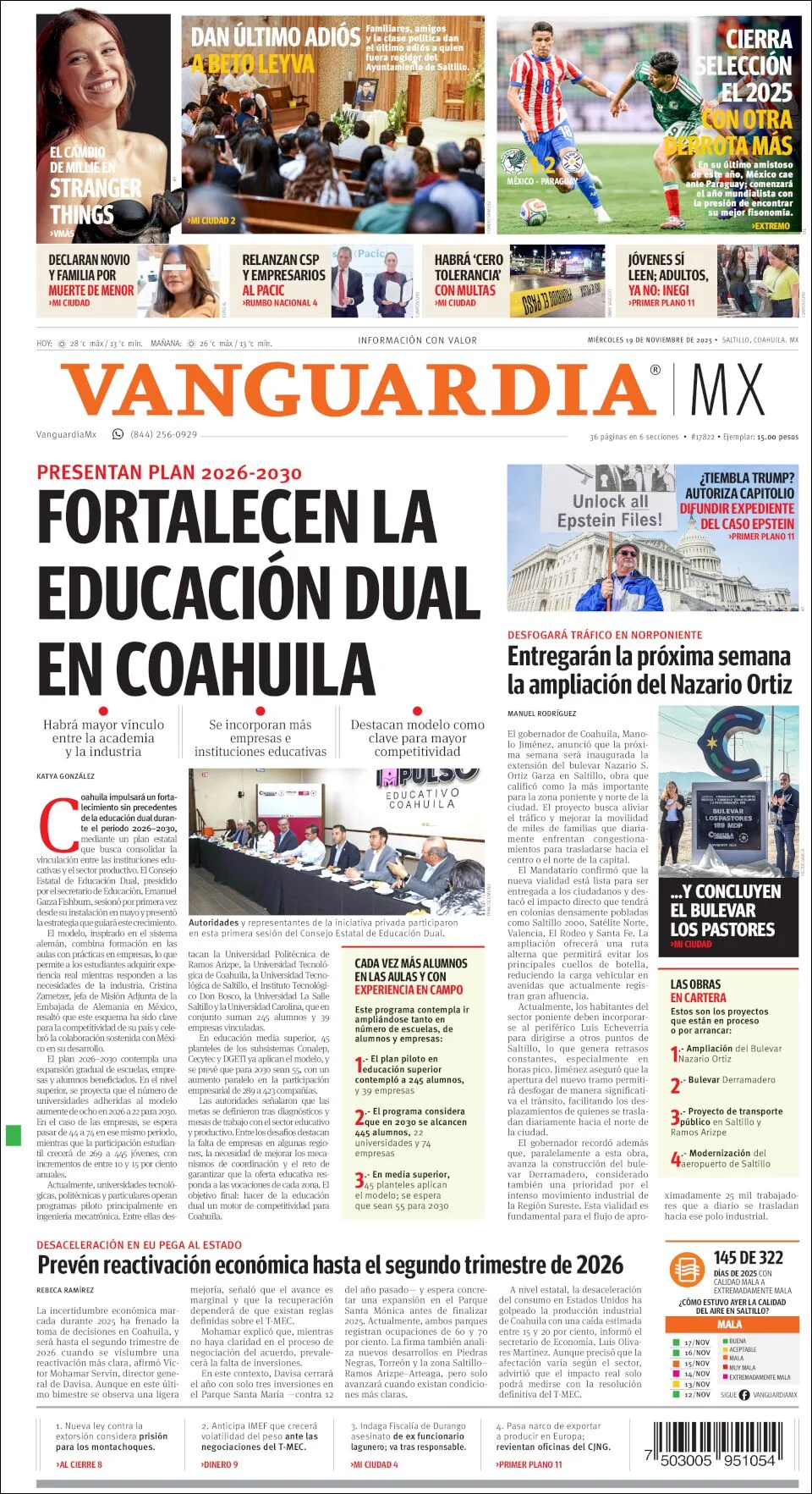 Portada de Vanguardia del miércoles, 19 de noviembre de 2025