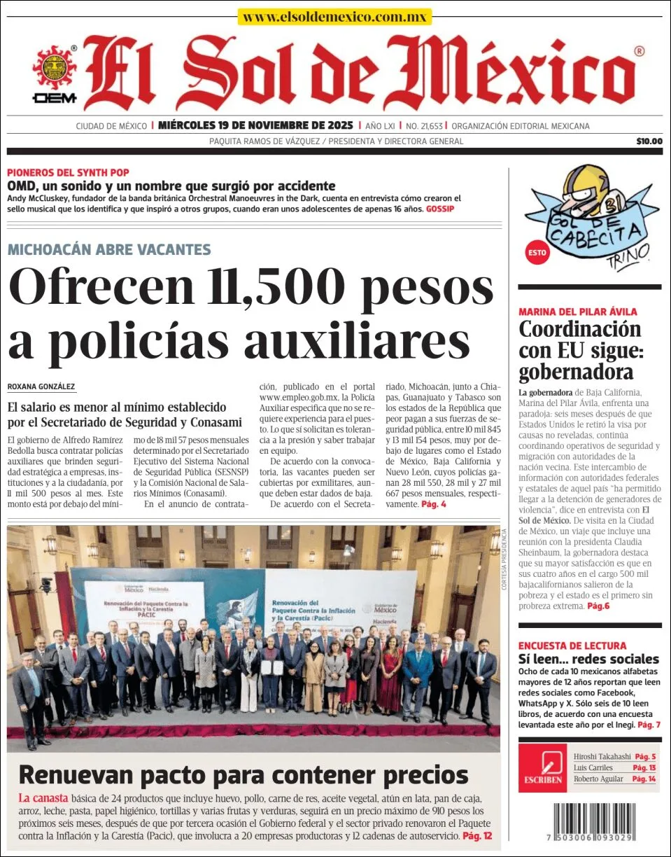 Portada de El Sol de Mexico del miércoles, 19 de noviembre de 2025