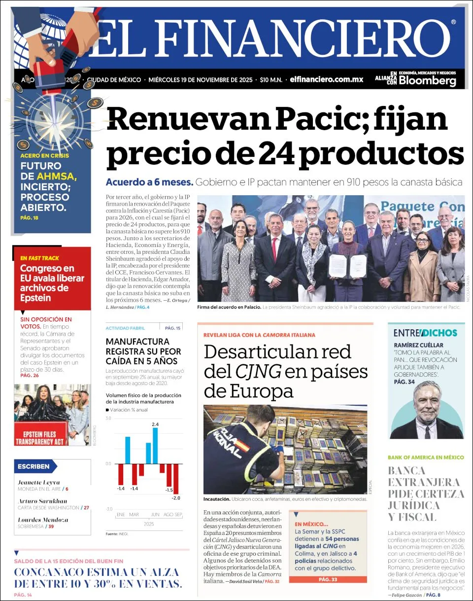 Portada de El Financiero del miércoles, 19 de noviembre de 2025