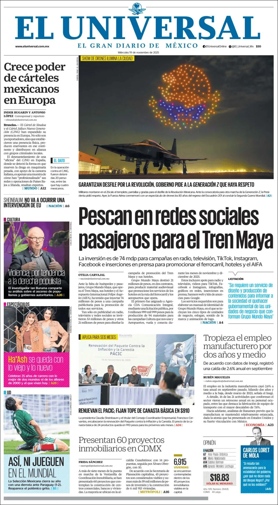 Portada de El Universal del miércoles, 19 de noviembre de 2025