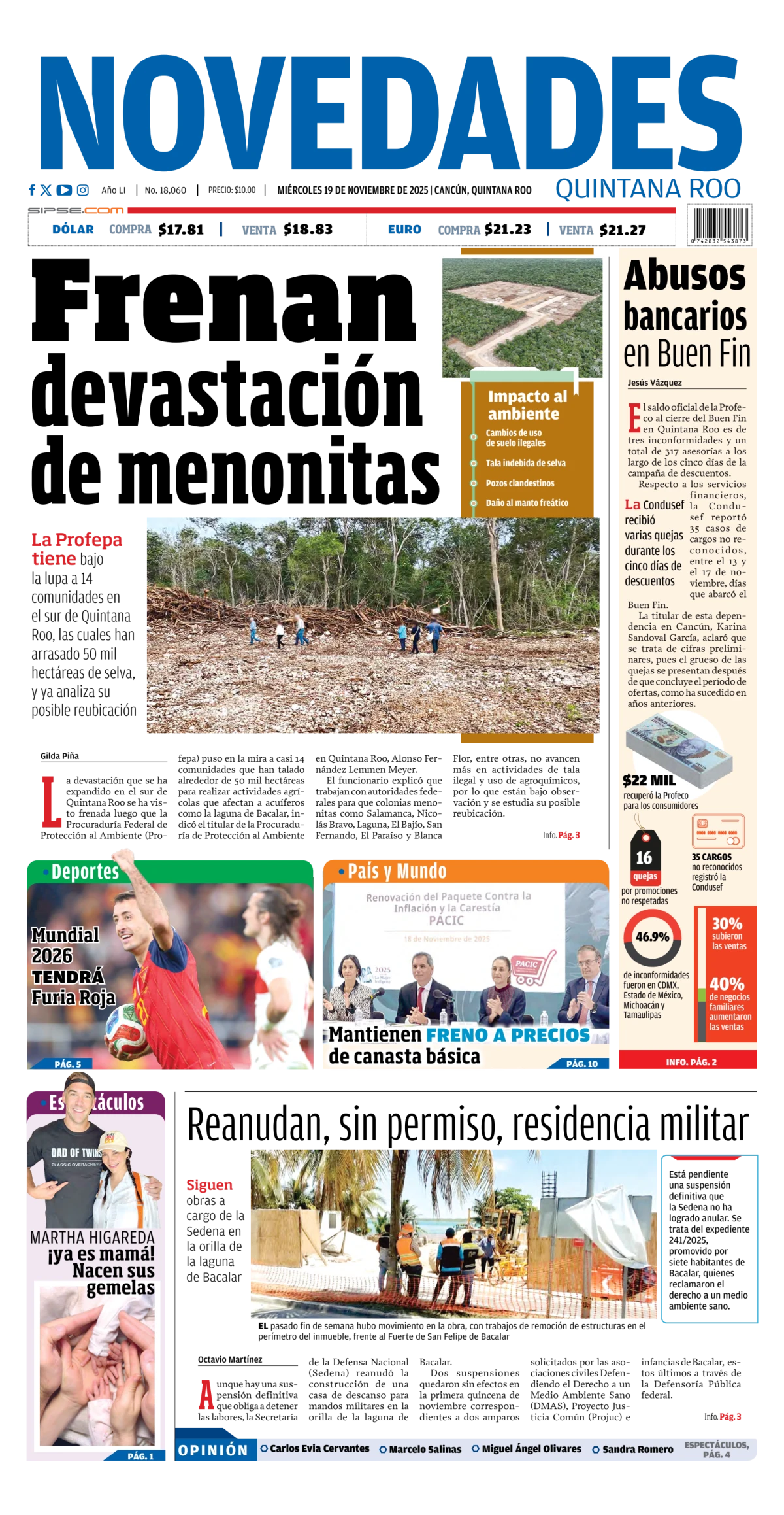 Portada de Novedades Quintana Roo del miércoles, 19 de noviembre de 2025