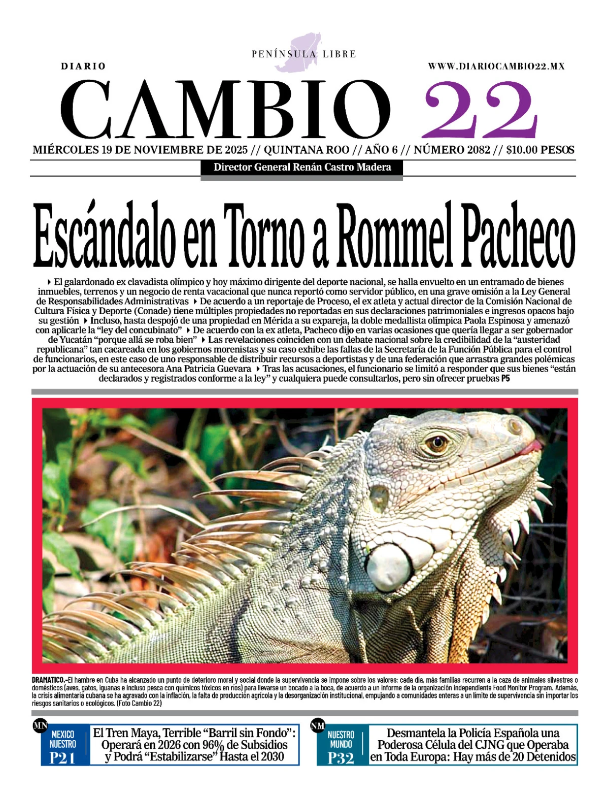 Portada de Diario Cambio 22 (contraportada) del miércoles, 19 de noviembre de 2025