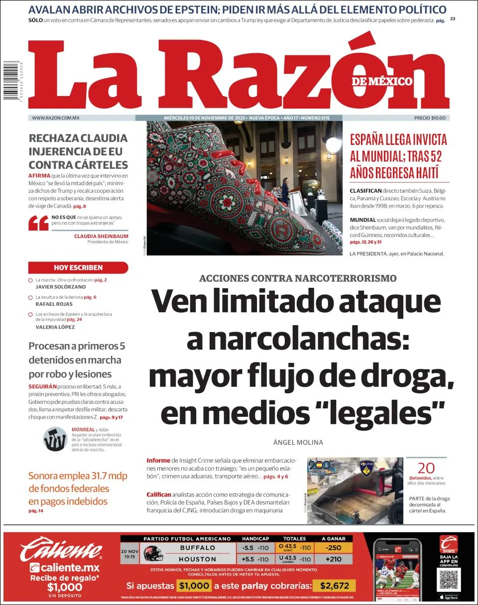 Portada de La Razon del miércoles, 19 de noviembre de 2025