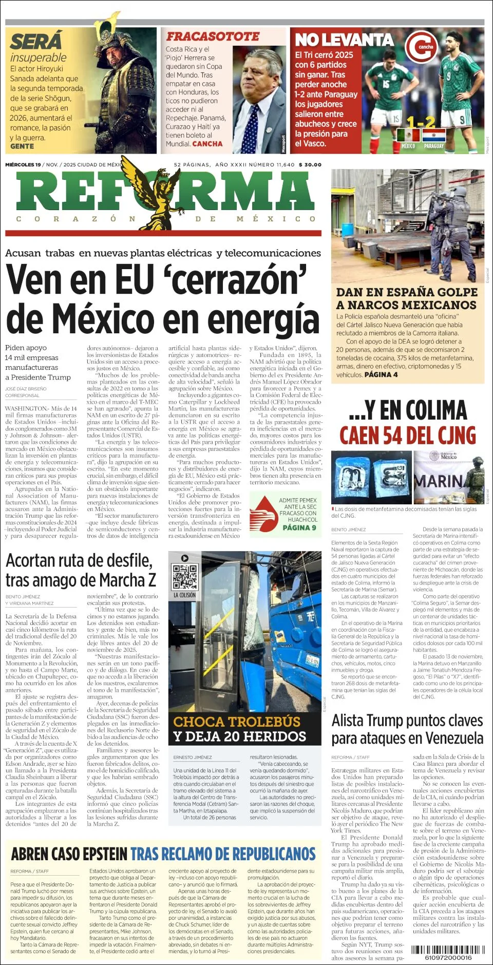 Portada de Reforma del miércoles, 19 de noviembre de 2025