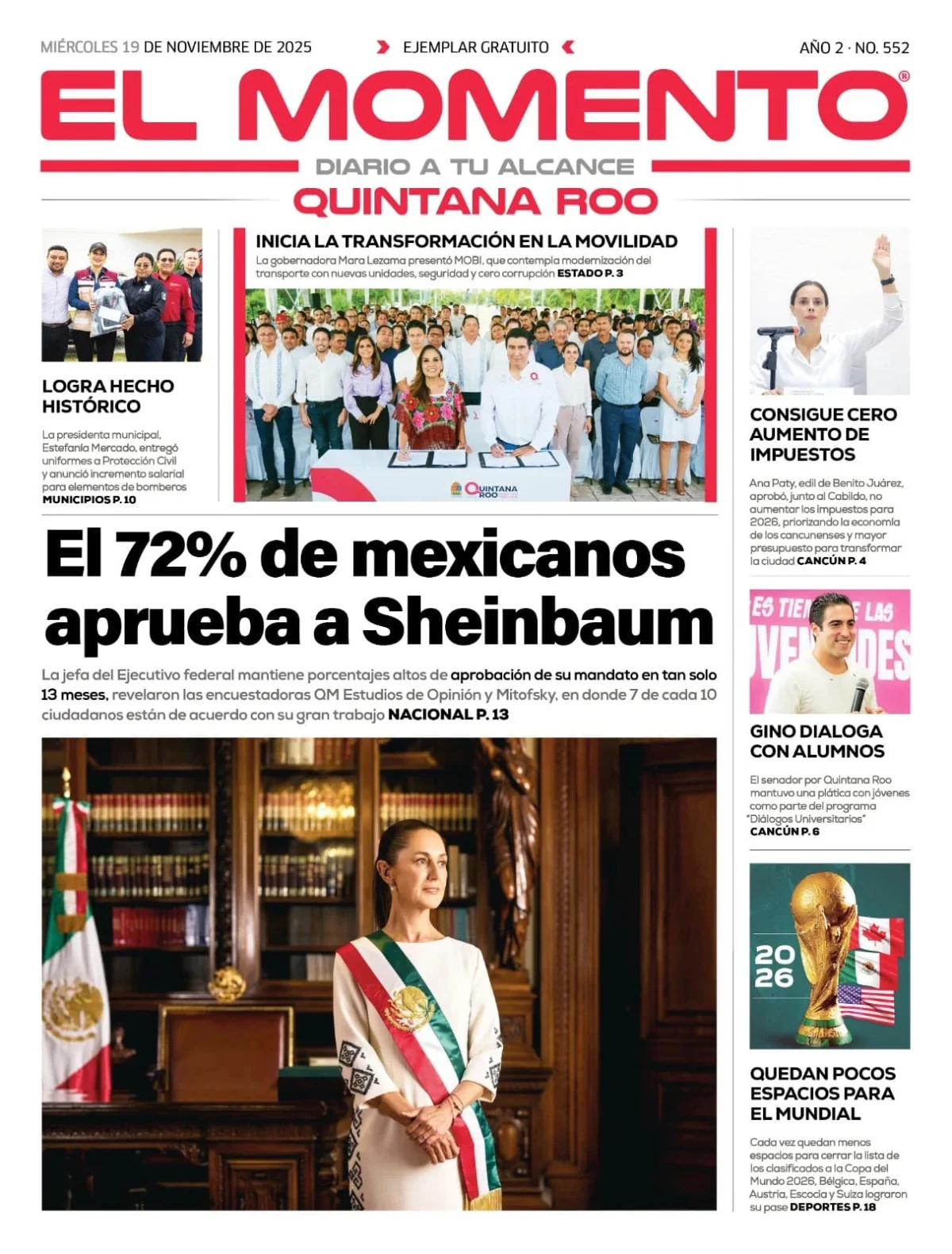 Portada de El Momento Quintana Roo del miércoles, 19 de noviembre de 2025