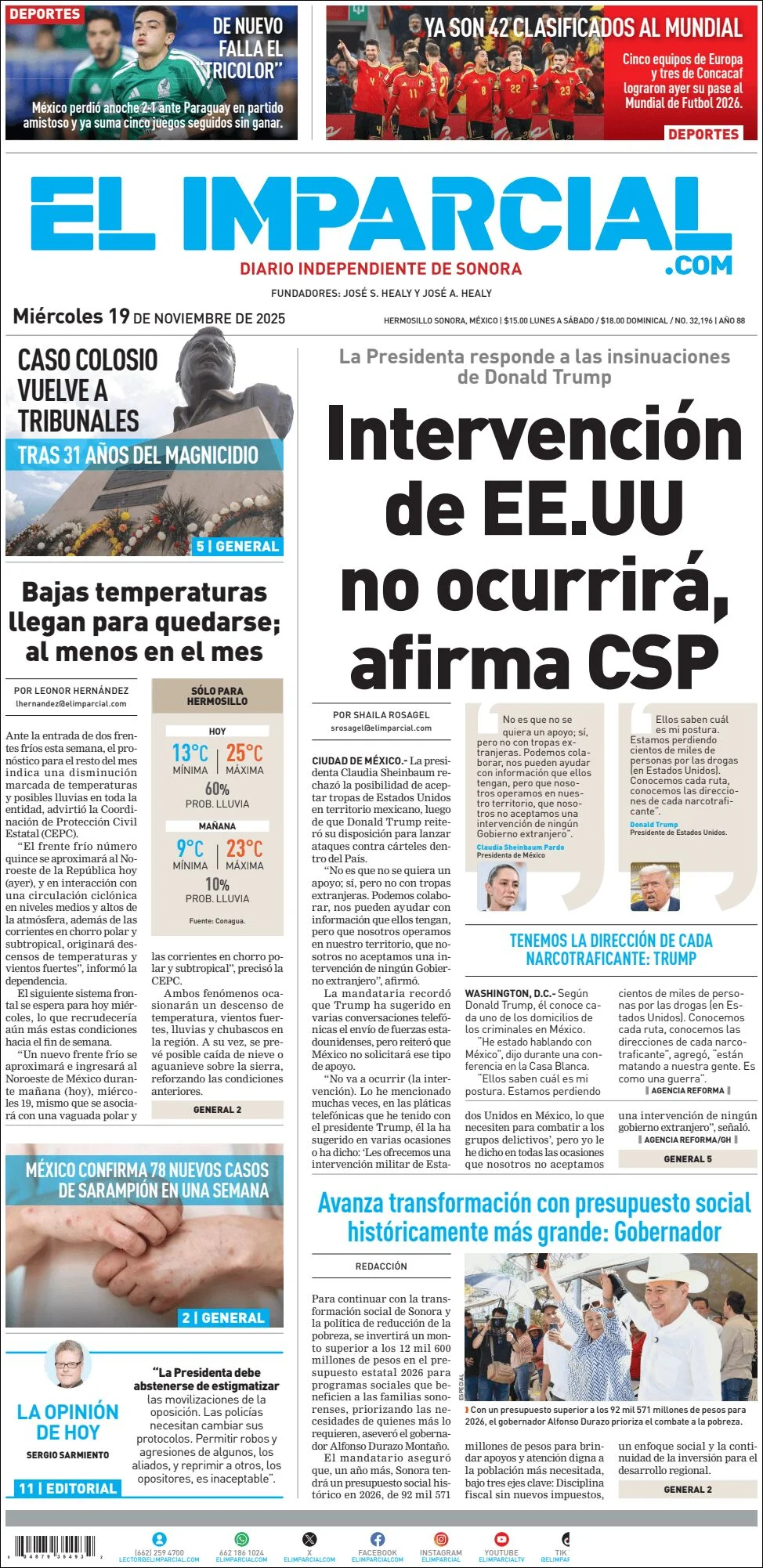 Portada de El Imparcial del miércoles, 19 de noviembre de 2025