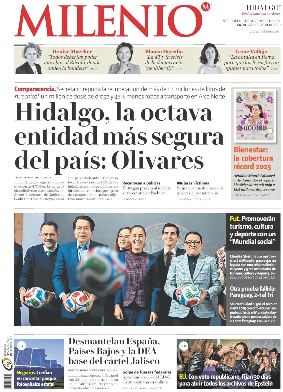 Portada de Milenio Hidalgo del miércoles, 19 de noviembre de 2025
