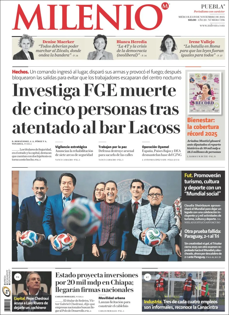 Portada de Milenio Puebla del miércoles, 19 de noviembre de 2025