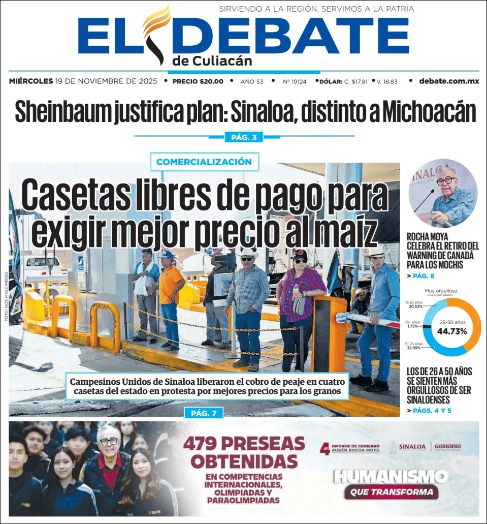 Portada de El Debate de Culiacan del miércoles, 19 de noviembre de 2025