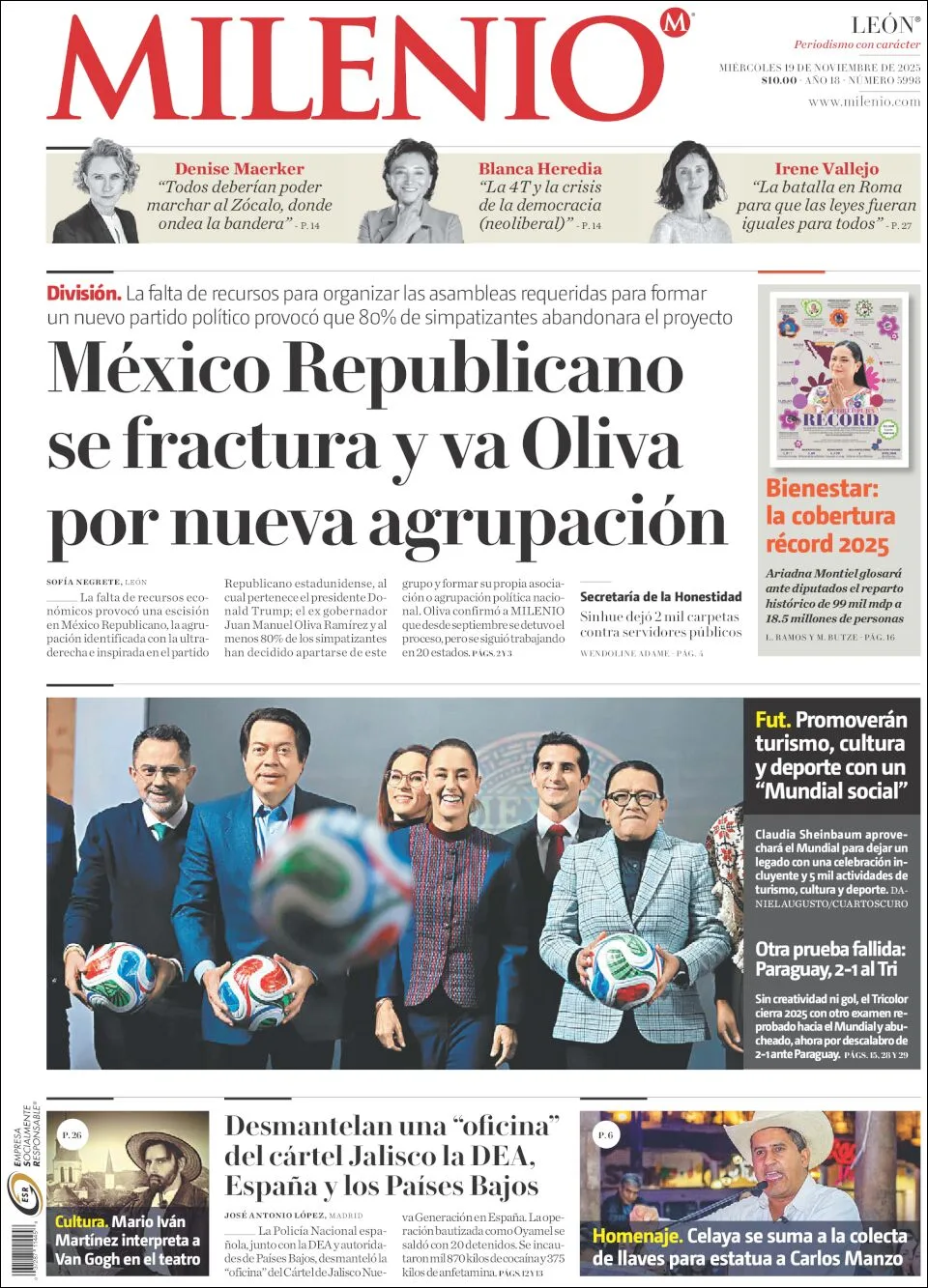 Portada de Milenio Leon del miércoles, 19 de noviembre de 2025