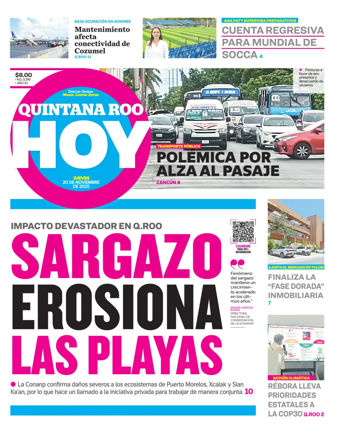 Portada de Quintana Roo Hoy (portada) del jueves, 20 de noviembre de 2025