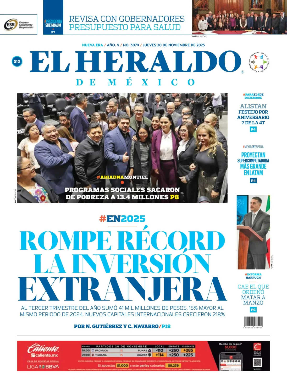 Portada de El Heraldo de Mexico del jueves, 20 de noviembre de 2025
