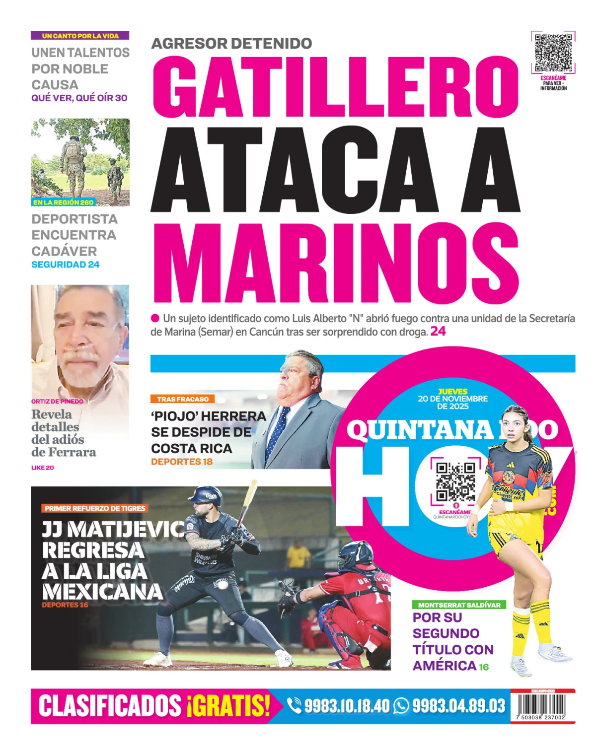 Portada de Quintana Roo Hoy (contraportada) del jueves, 20 de noviembre de 2025