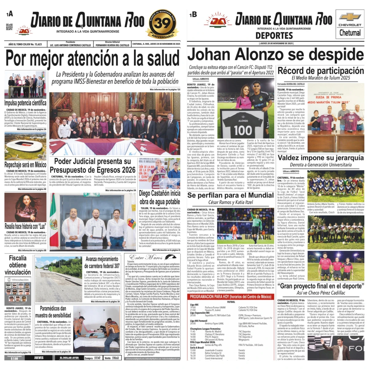 Portada de Diario de Quintana Roo (portada) del jueves, 20 de noviembre de 2025