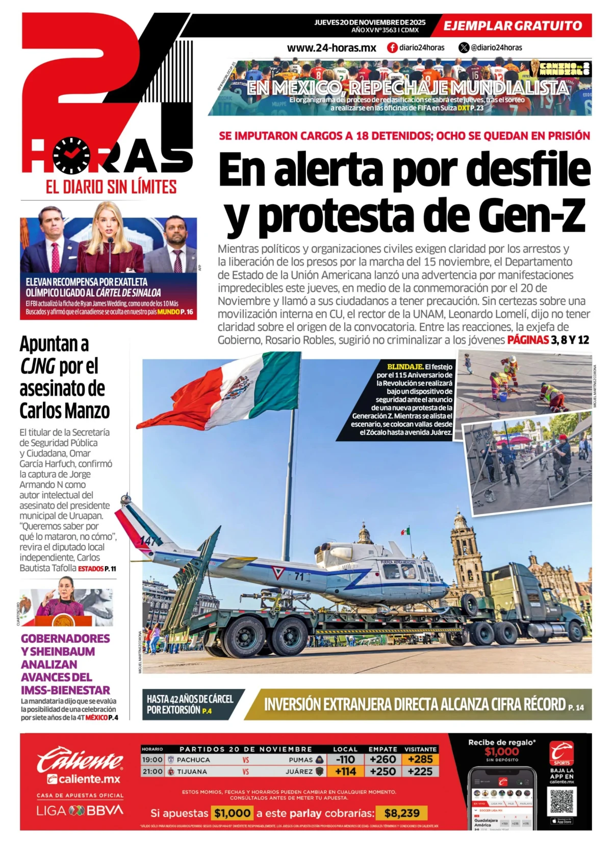 Portada de 24 Horas del jueves, 20 de noviembre de 2025