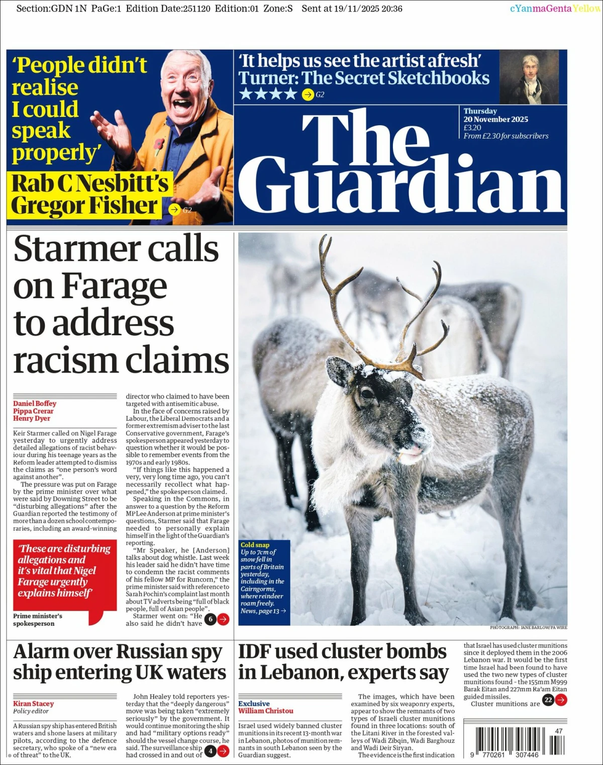 Portada de The Guardian (reino Unido) del jueves, 20 de noviembre de 2025