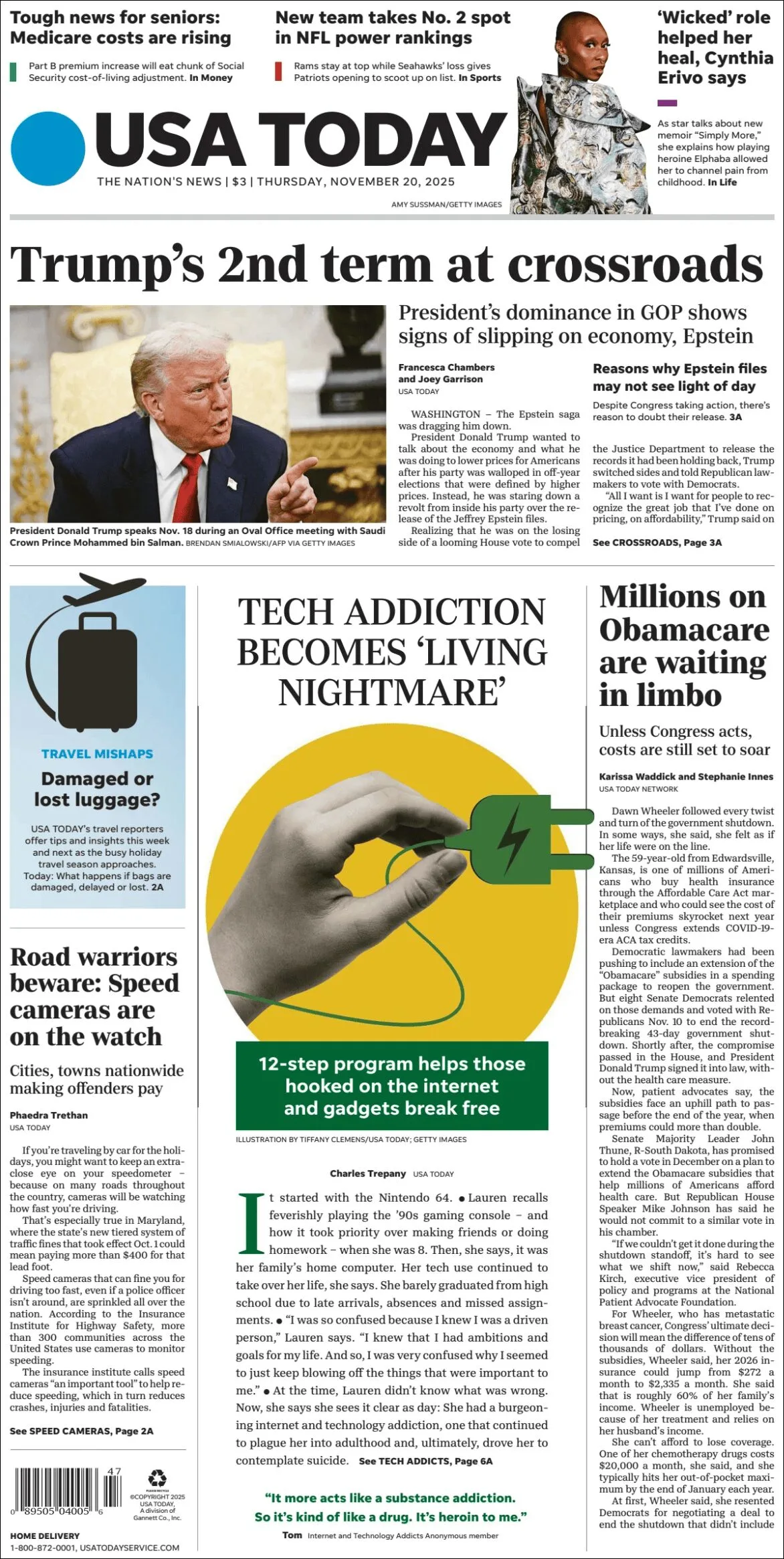 Portada de Usa Today del jueves, 20 de noviembre de 2025