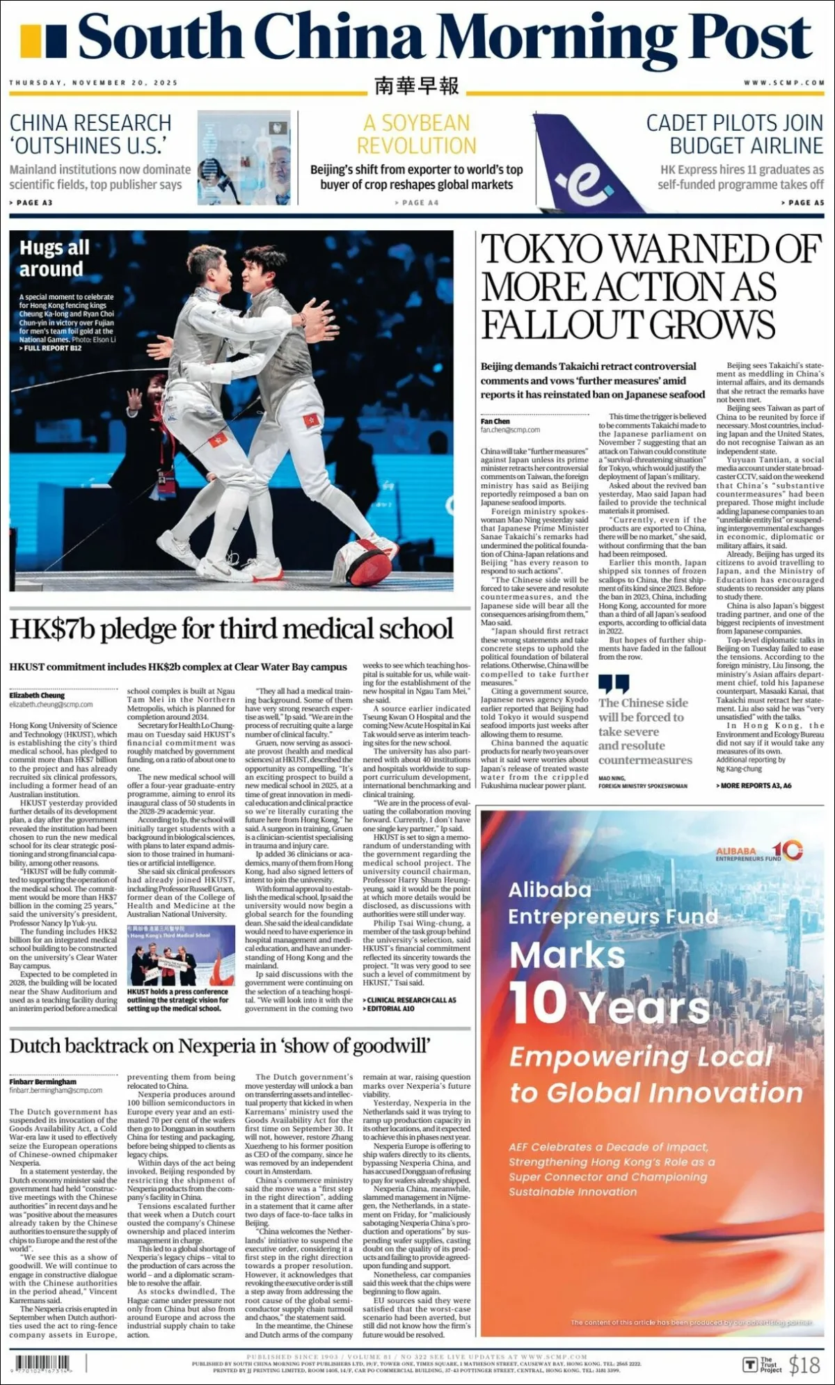 Portada de South China Morning Post del jueves, 20 de noviembre de 2025