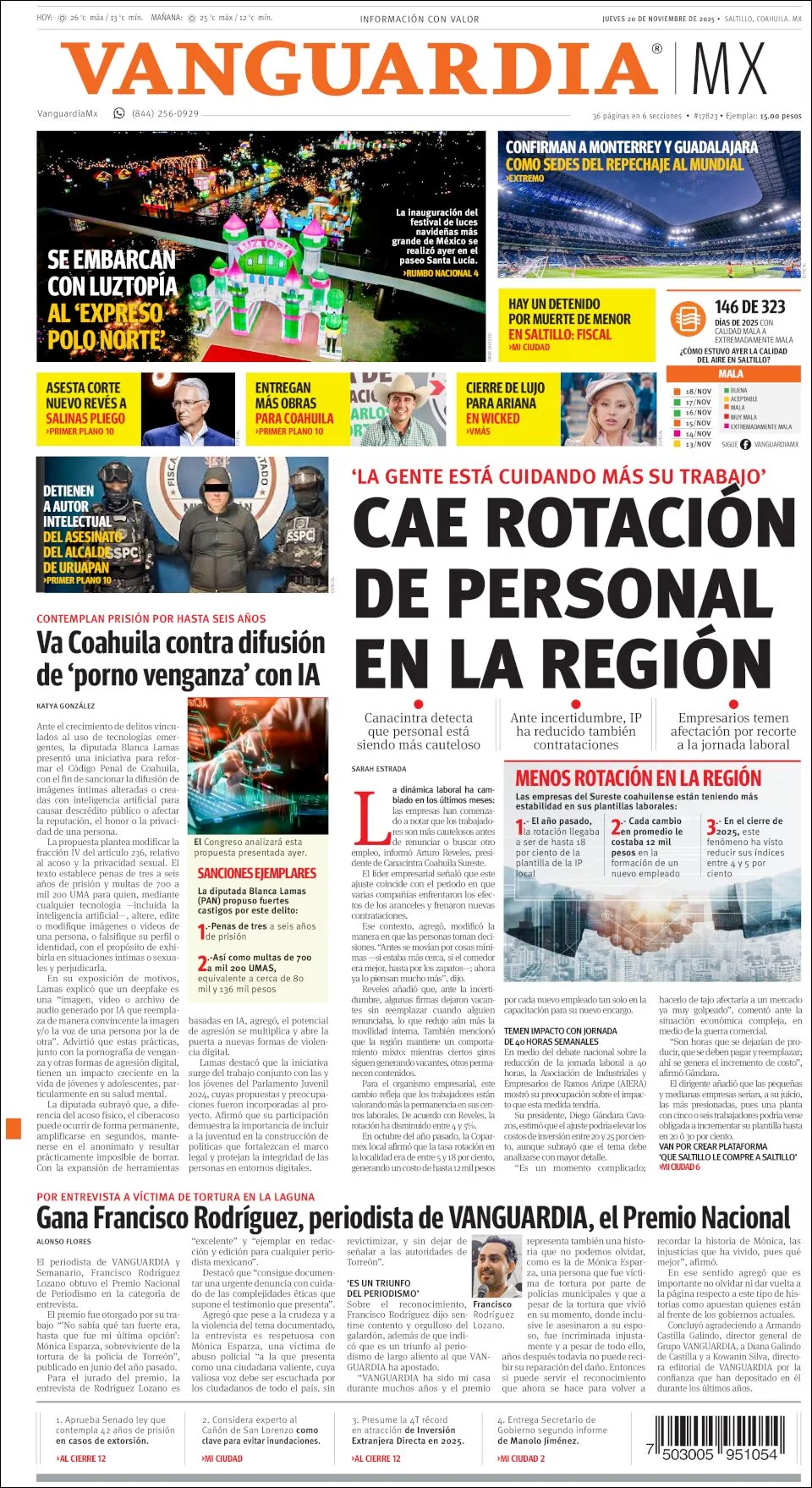 Portada de Vanguardia del jueves, 20 de noviembre de 2025