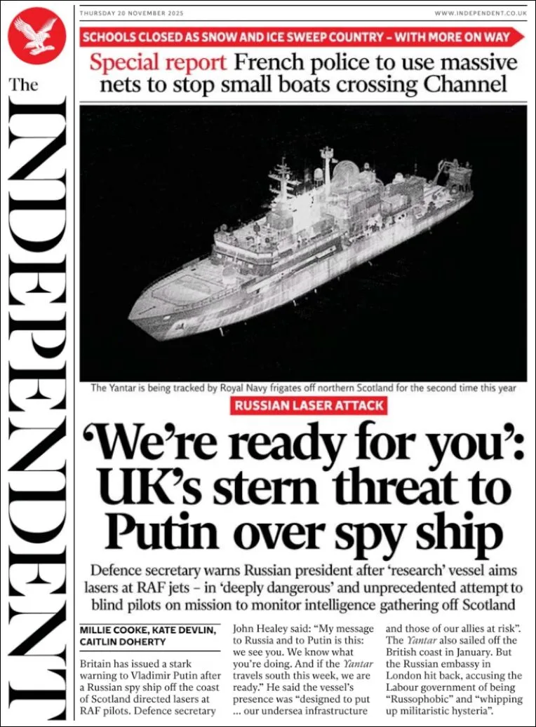 Portada de The Independent del jueves, 20 de noviembre de 2025