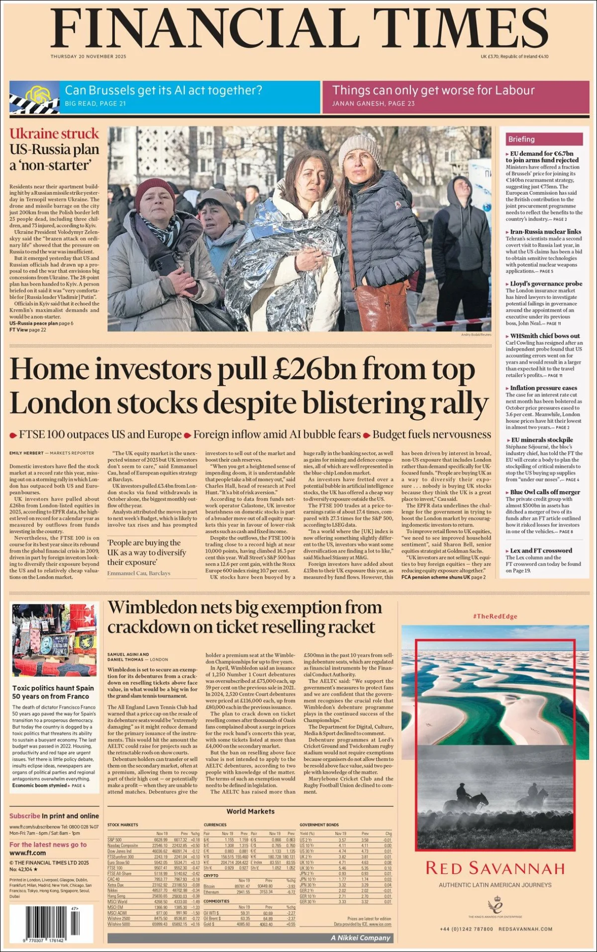 Portada de Financial Times del jueves, 20 de noviembre de 2025