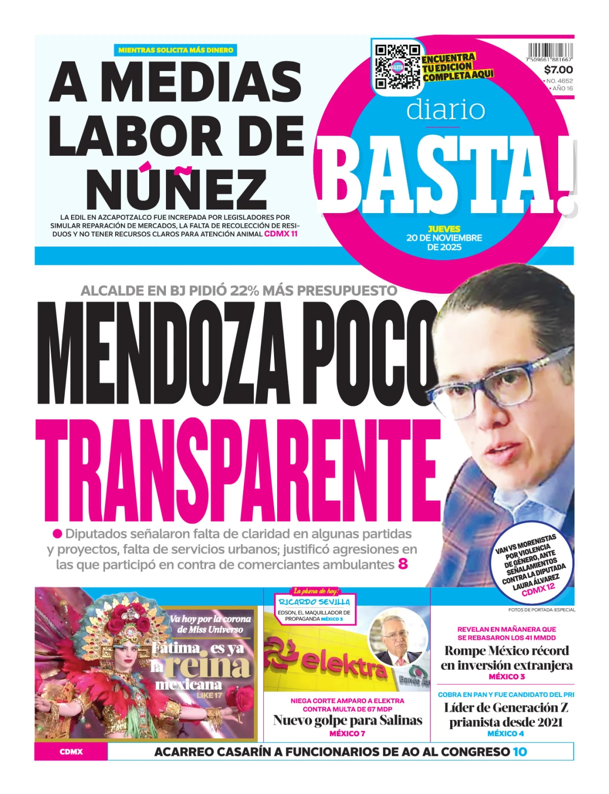 Portada de Basta! (portada) del jueves, 20 de noviembre de 2025