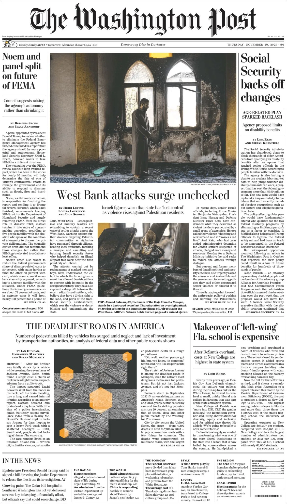 Portada de The Washington Post del jueves, 20 de noviembre de 2025