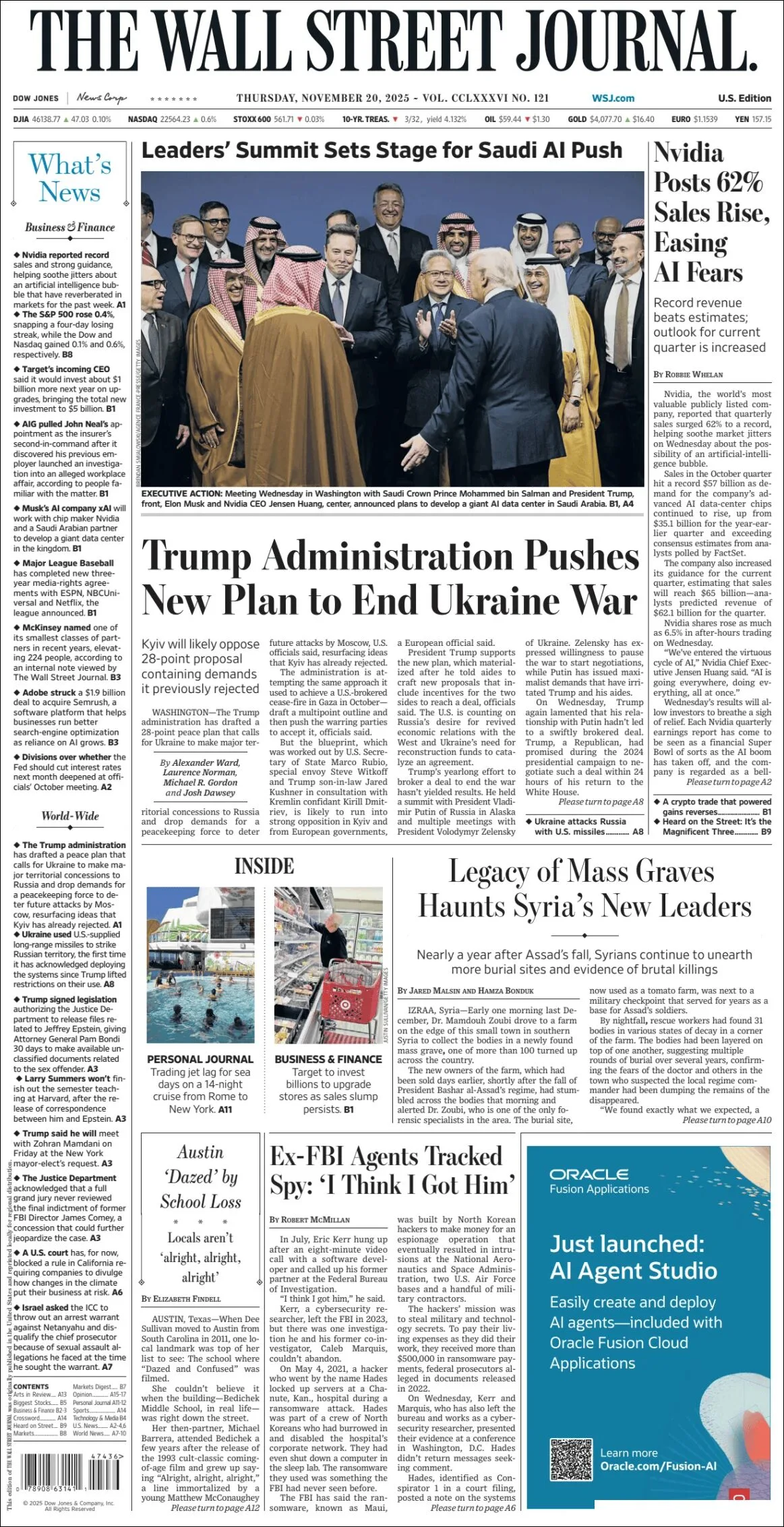 Portada de The Wall Street Journal del jueves, 20 de noviembre de 2025