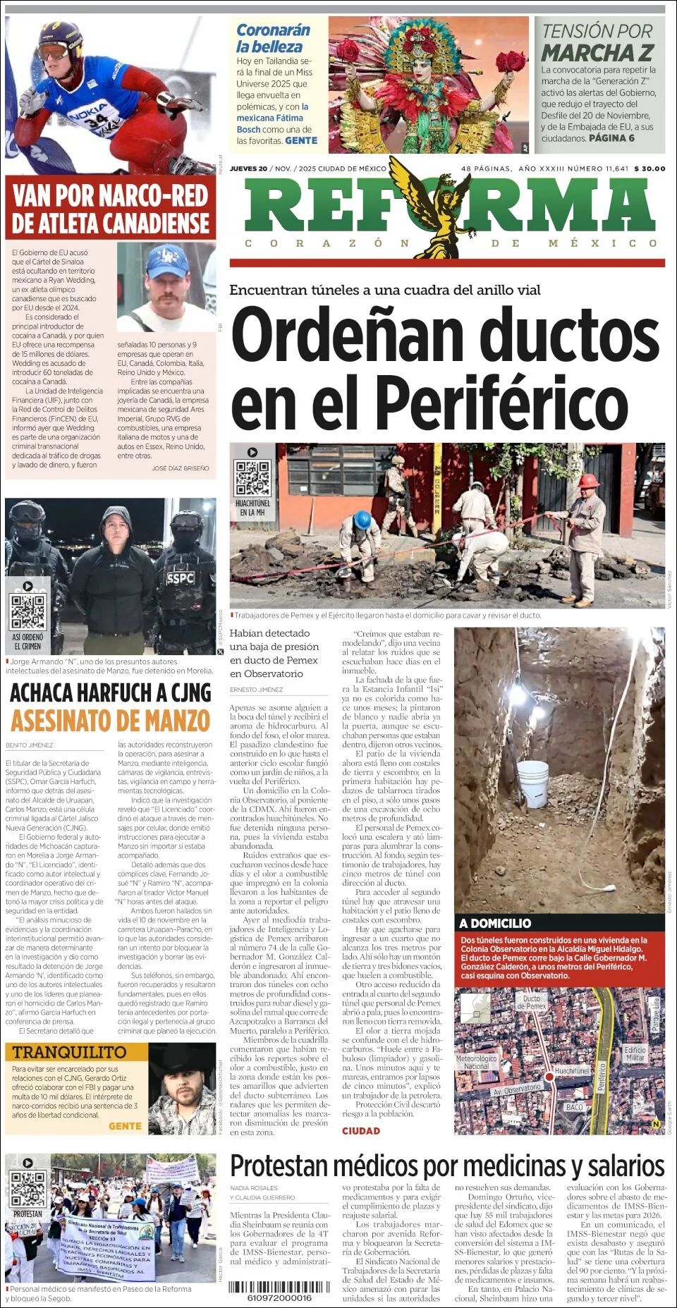 Portada de Reforma del jueves, 20 de noviembre de 2025