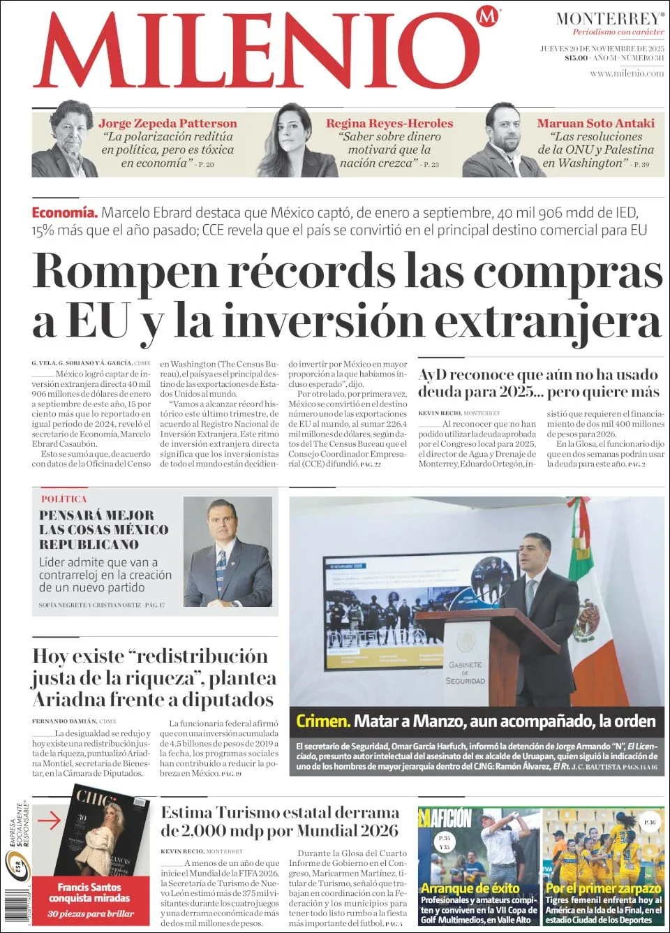 Portada de Milenio del jueves, 20 de noviembre de 2025