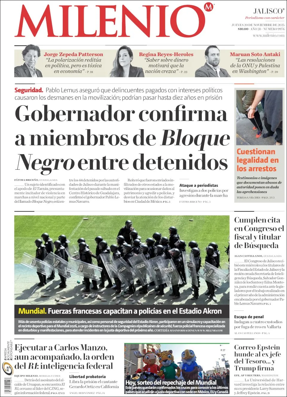 Portada de Milenio Jalisco del jueves, 20 de noviembre de 2025