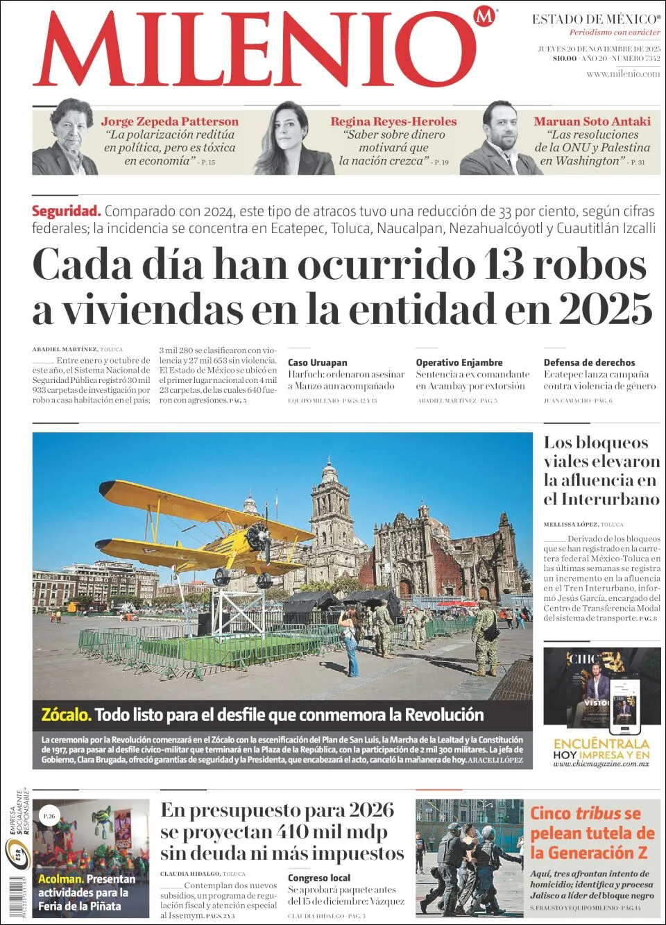 Portada de Milenio Edo de Mexico del jueves, 20 de noviembre de 2025