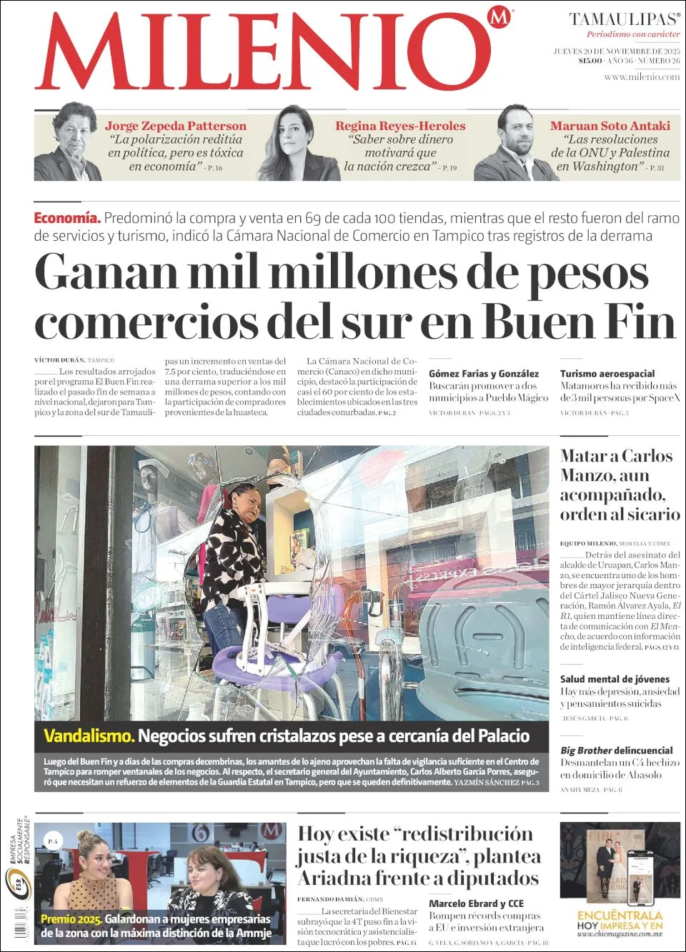Portada de Milenio Tamaulipas del jueves, 20 de noviembre de 2025