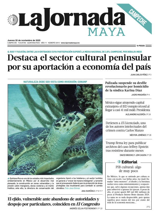 Portada de La Jornada Maya Campeche del jueves, 20 de noviembre de 2025