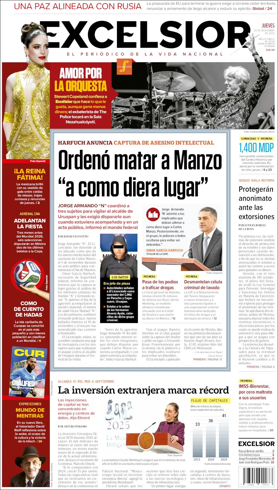 Portada de Excelsior del jueves, 20 de noviembre de 2025