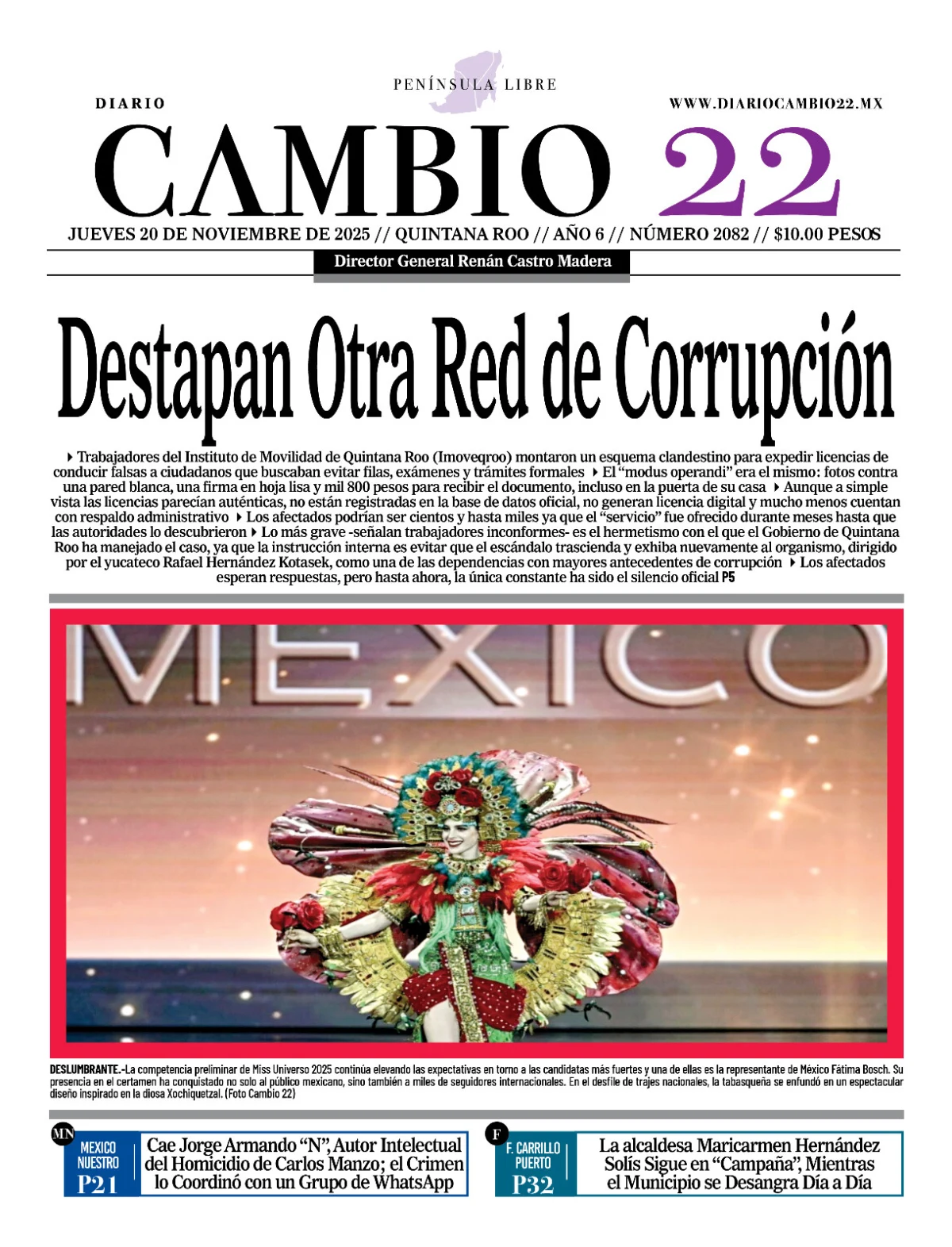 Portada de Diario Cambio 22 (contraportada) del jueves, 20 de noviembre de 2025