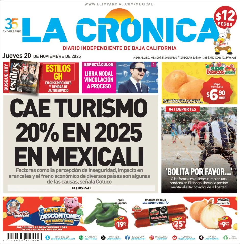 Portada de La Cronica del jueves, 20 de noviembre de 2025